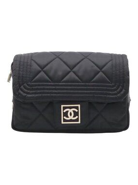 Chanel Sports Line Waist Bag Pouch Hip Chain Satin Black Silver
